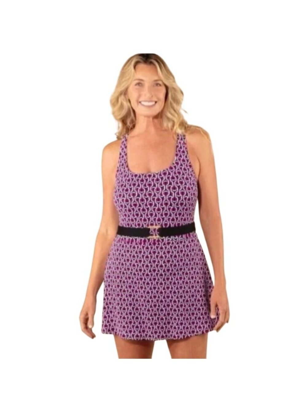 Lands End Women's XL Swim Dress With Belt Modest Pink/Black Geometric Print Nylo